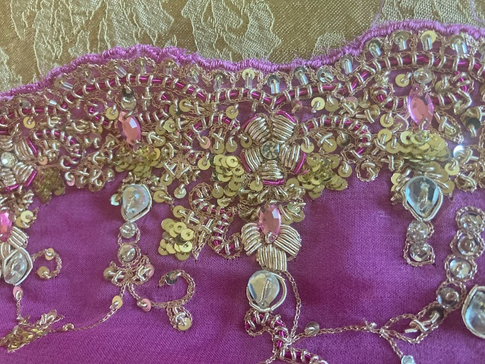 Vintage Indian Orchid Lavender Scarf Zardozi Gold Sequin Kundan Dupatta 100×44