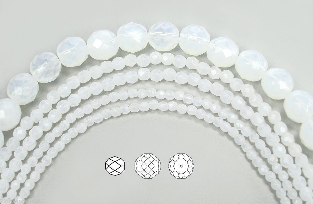Czech Fire Polished Round Faceted Glass Beads in White Opal color, 16″ strand