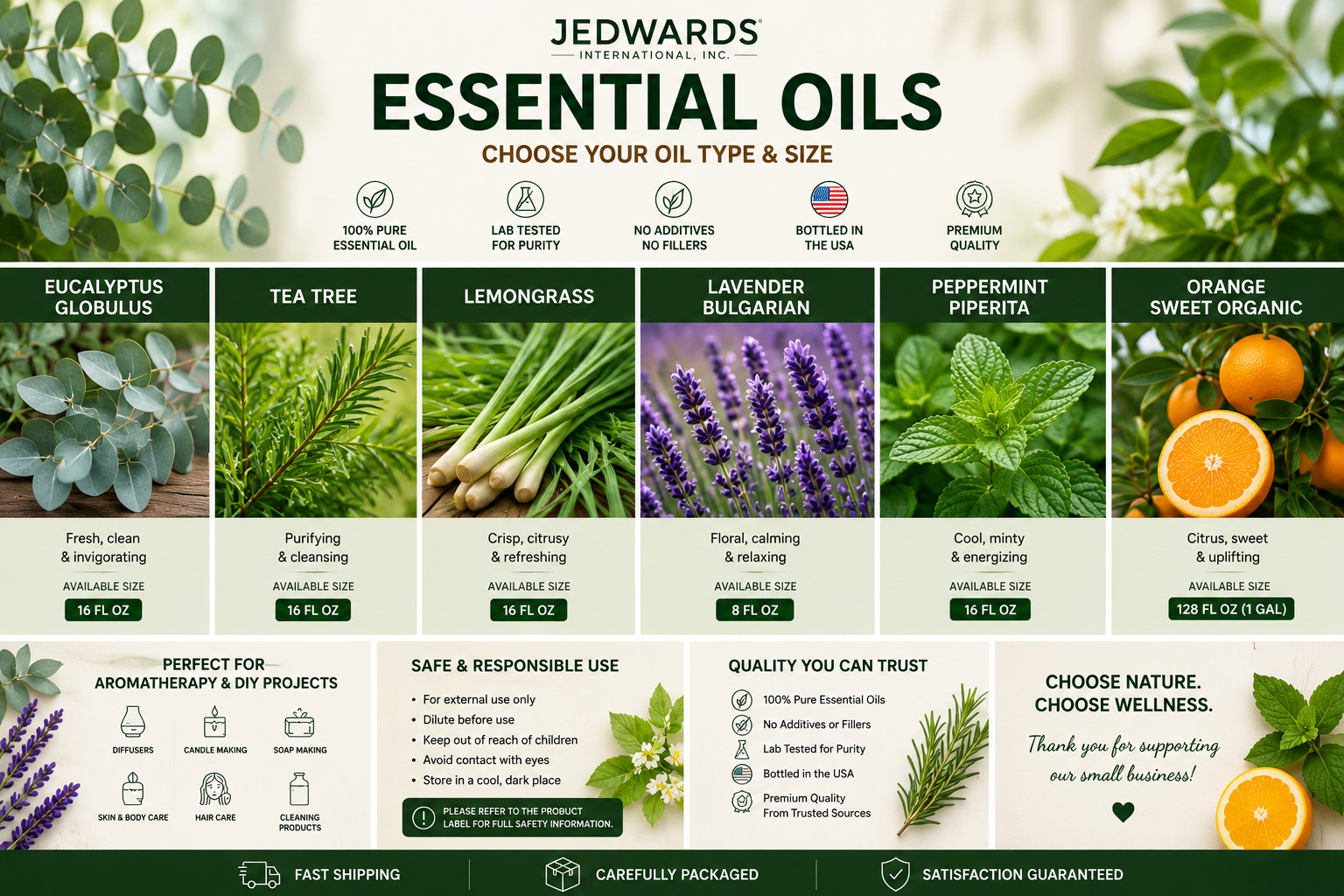 Jedwards Essential Oils Eucalyptus Tea Tree Lavender Peppermint Choose Type Size