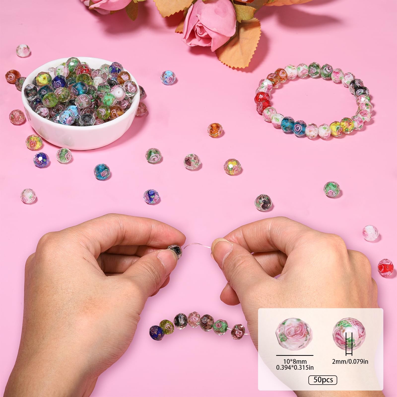 50pcs 8~10mm Rose Lampwork Bead with Blue Spots, Handmade Faceted Pink Murano…