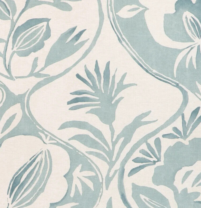 LEE JOFA CURTAIN FABRIC DESIGN Calathea Print 8.9 METRES AQUA LINEN BLEND