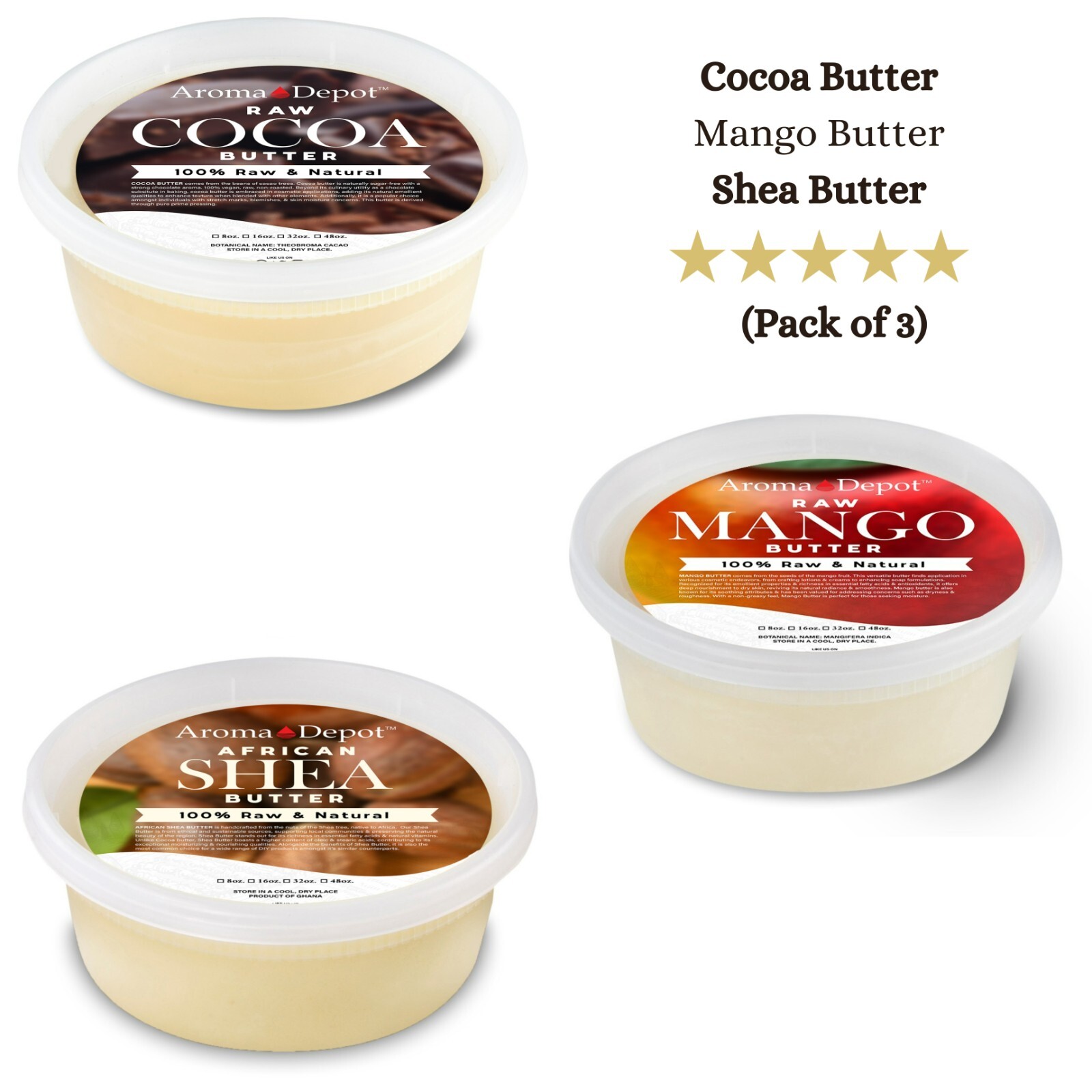 Shea Butter Cocoa Butter Mango Butter 8 oz. 100% Pure Natural Unrefined TRIO SET