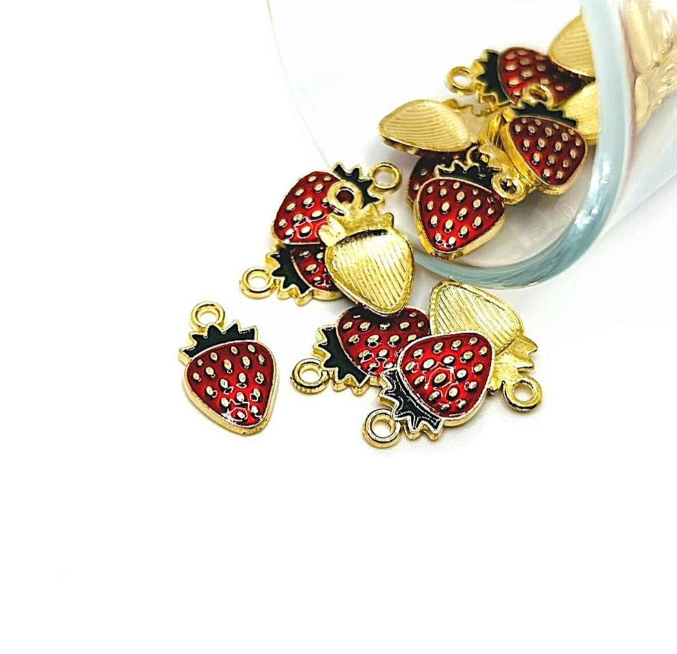 Red Enamel Strawberry Charms, 17x10mm – US Seller