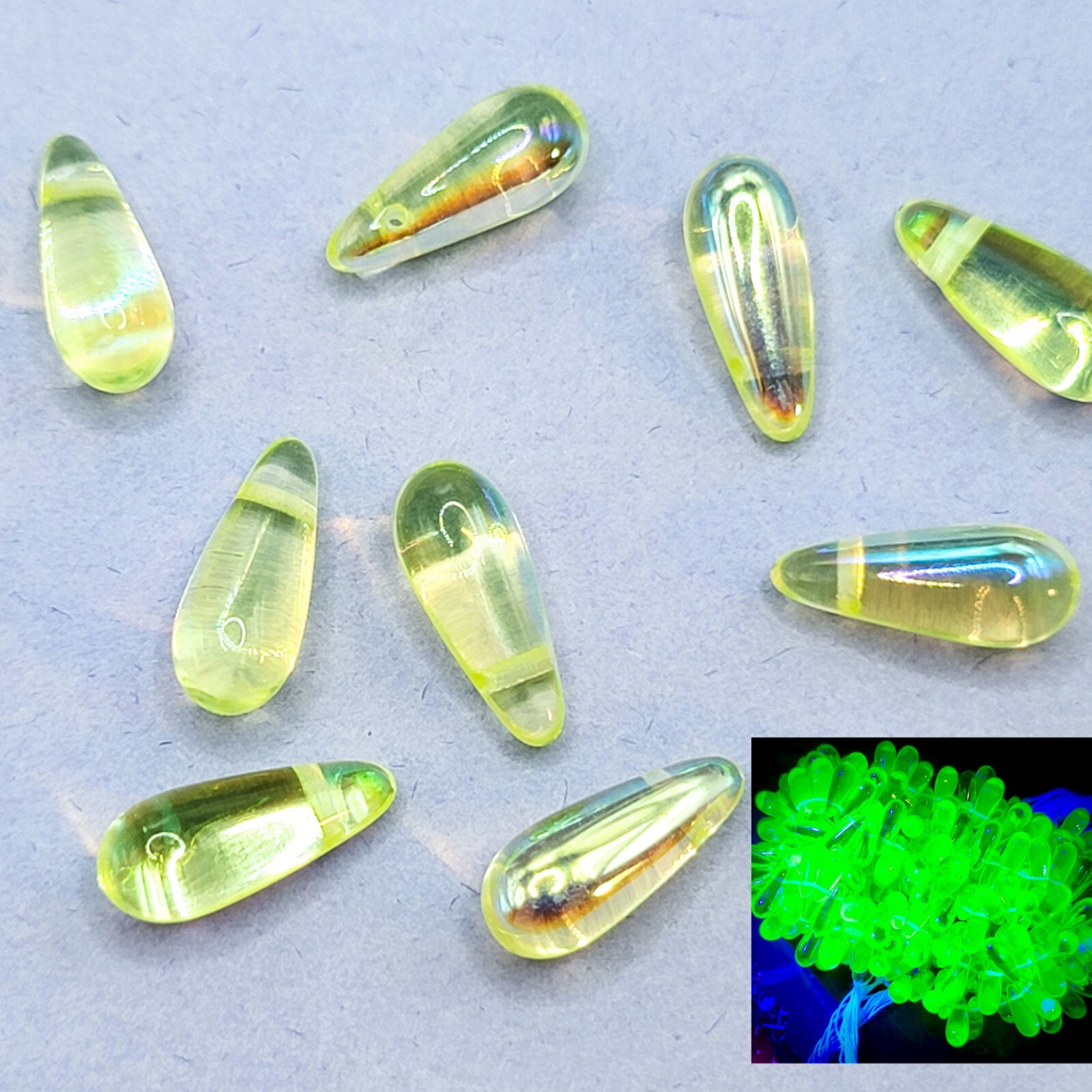 7x16mm Vaseline Uranium Glass Beads Yellow Aurora Borealis Drops 10pcs
