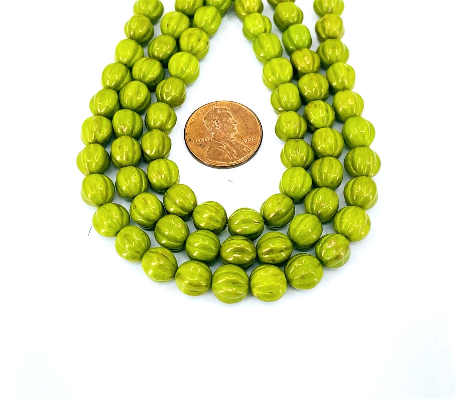 12 Czech Glass Melon Round Beads 8mm – Gold Marbled – Opaque Olive Green