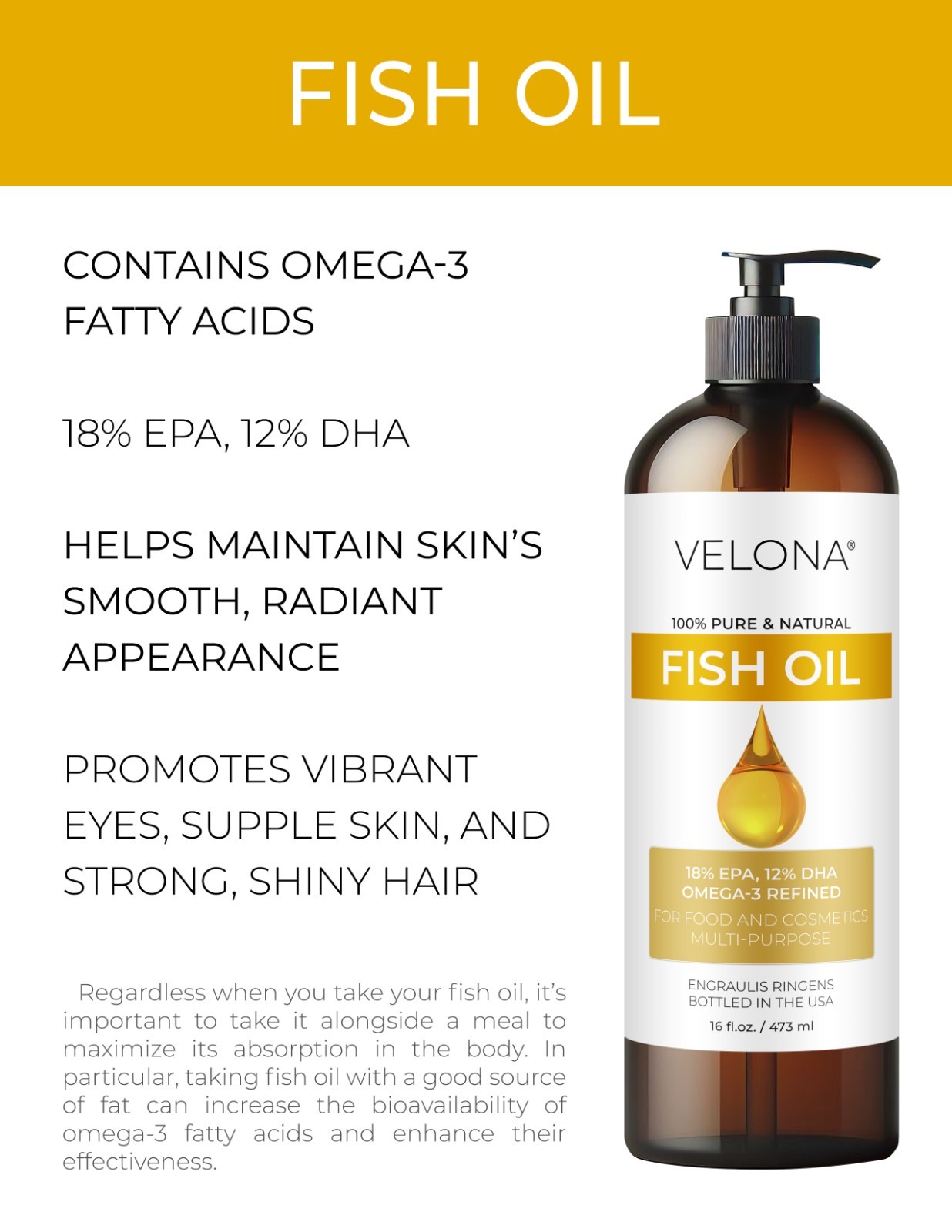 Fish Omega-3 Oil by Velona – 2oz-7lb Pure Refined Cold pressed Vitamin E, D