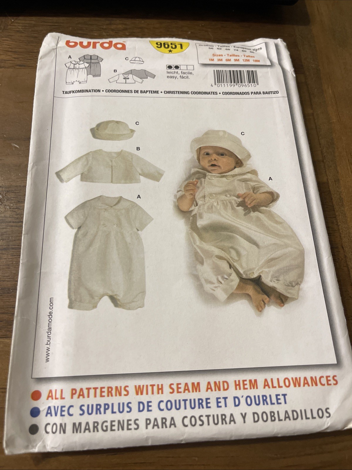 Burda Pattern 9651 ~ Infant Christening Outfit ~ Suit~Jacket~Hat ~ Sz 1M-18M