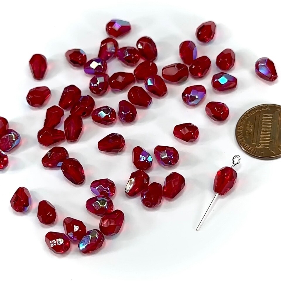 50 Czech Glass Pear Shaped FP Beads 8x6mm Siam AB, red Tear Drops, P392