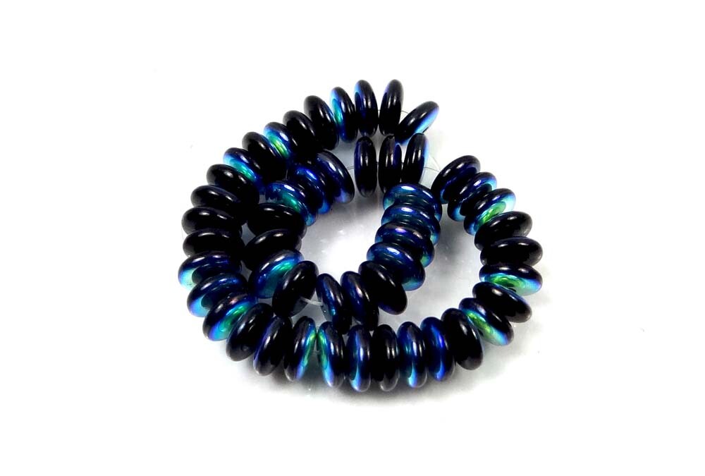 50 Czech Glass Rondelle Beads – Black Jet – AB moonstone 6x2mm