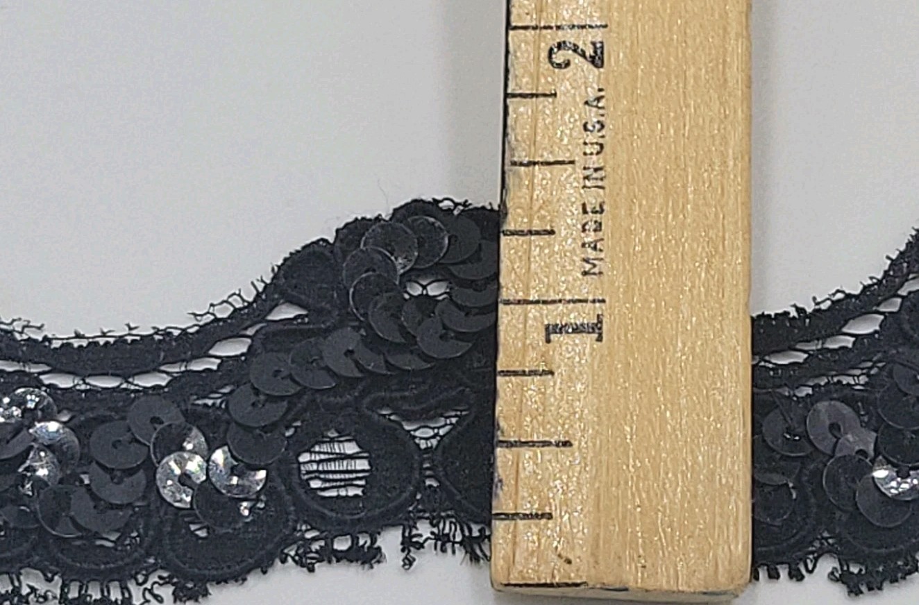 Vintage 1 1/2″ Scroll Black Sequin Lace Trim Corded 6 Continuous Yards