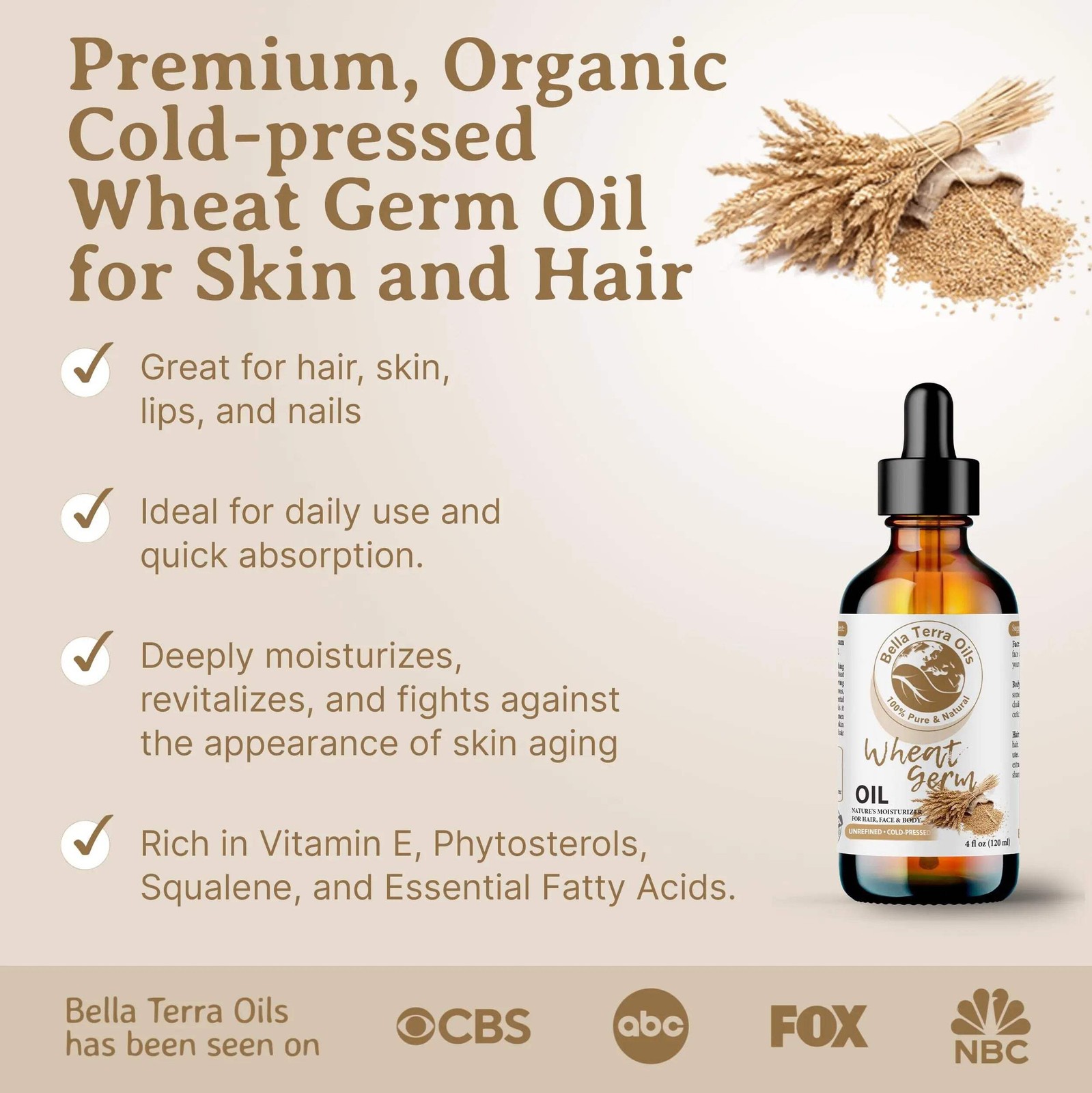 Organic Wheat Germ Oil 8oz – Pure, Cold-Pressed, All-Natural Oil for Beauty & We