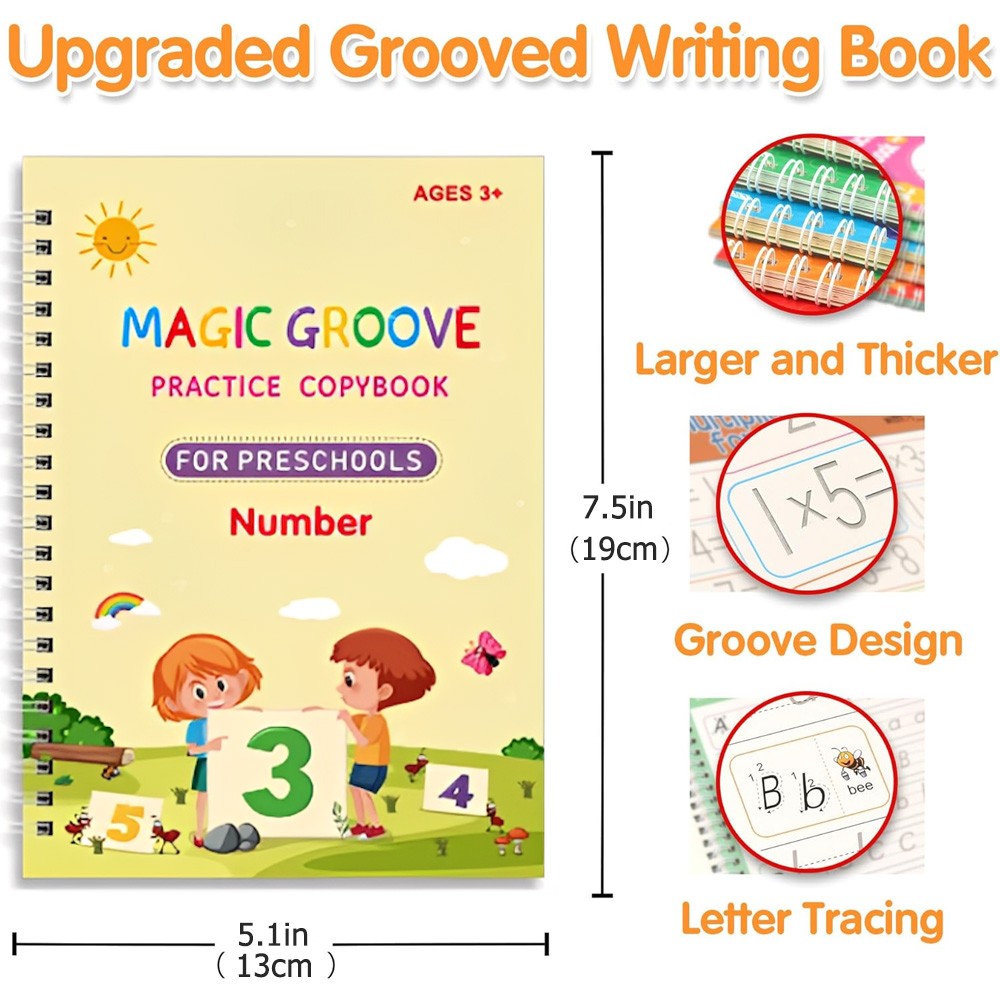 4 Magic Grooved Writing Practice for Kids Ages 3-8, Reusable Grooved Handwriting