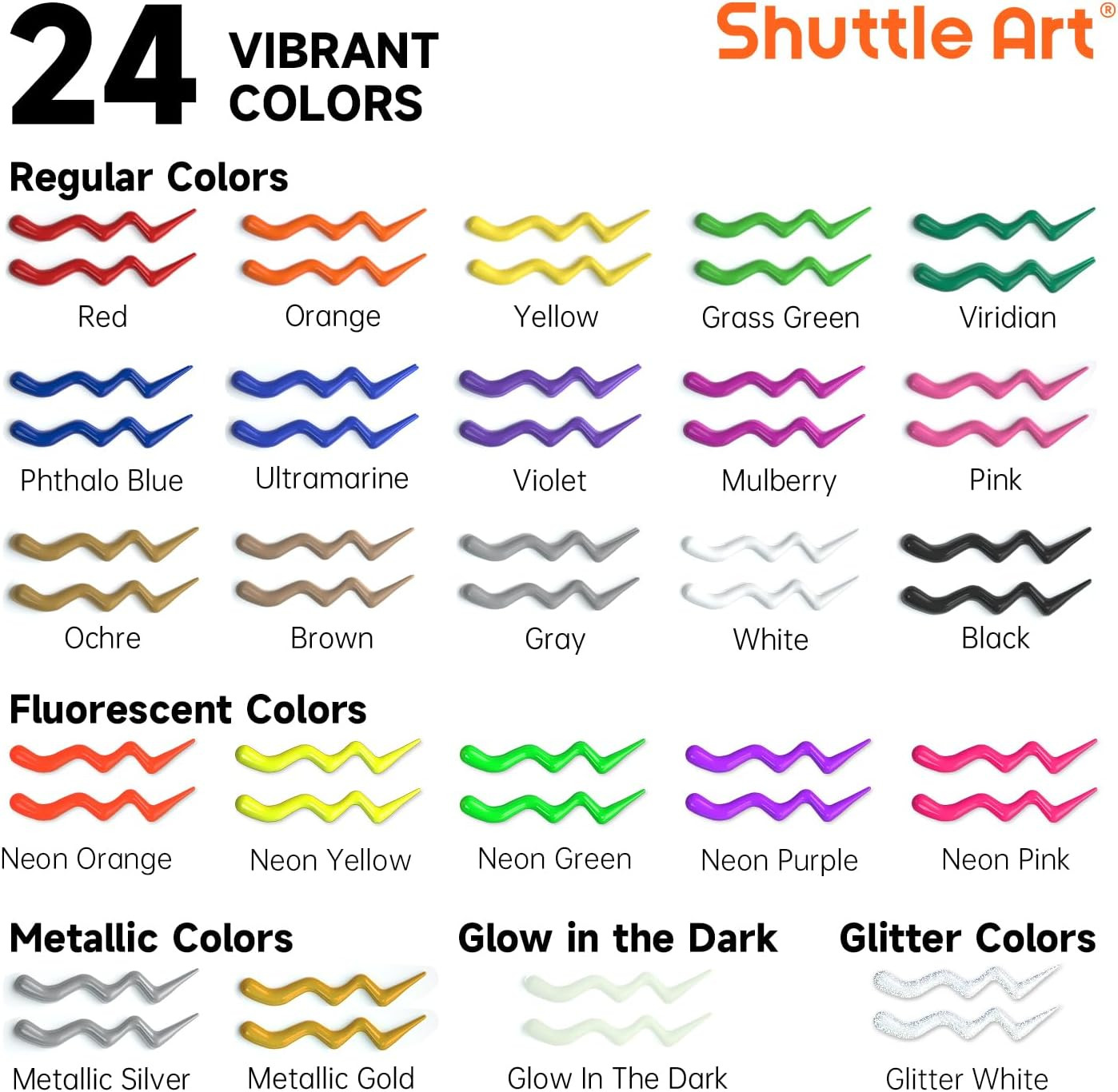 Fabric Paint, 24 Colors 3D Permanent Paint with Brushes Palette Pen Fabric Sheet