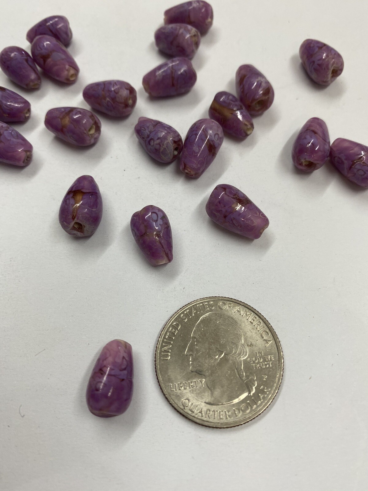 13x8MM BEAUTIFUL GLASS PURPLE PEAR SHAPED WITH FLORAL DESIGN BEADS (36 PCS)
