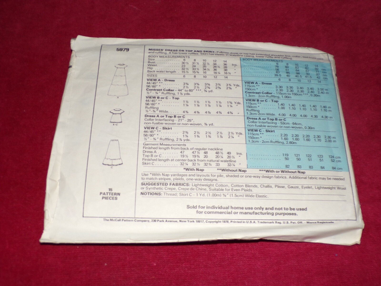 🌼1978 UNCIRCULATED McCALL’S #5979-LADIES BOHO TOP – DRESS – SKIRT PATTERN 8 FF