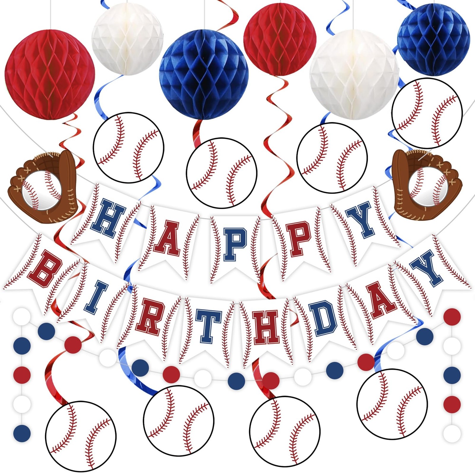 Baseball Party Decorations Happy Birthday Banner Baseballs Honeycomb Balls Ha…