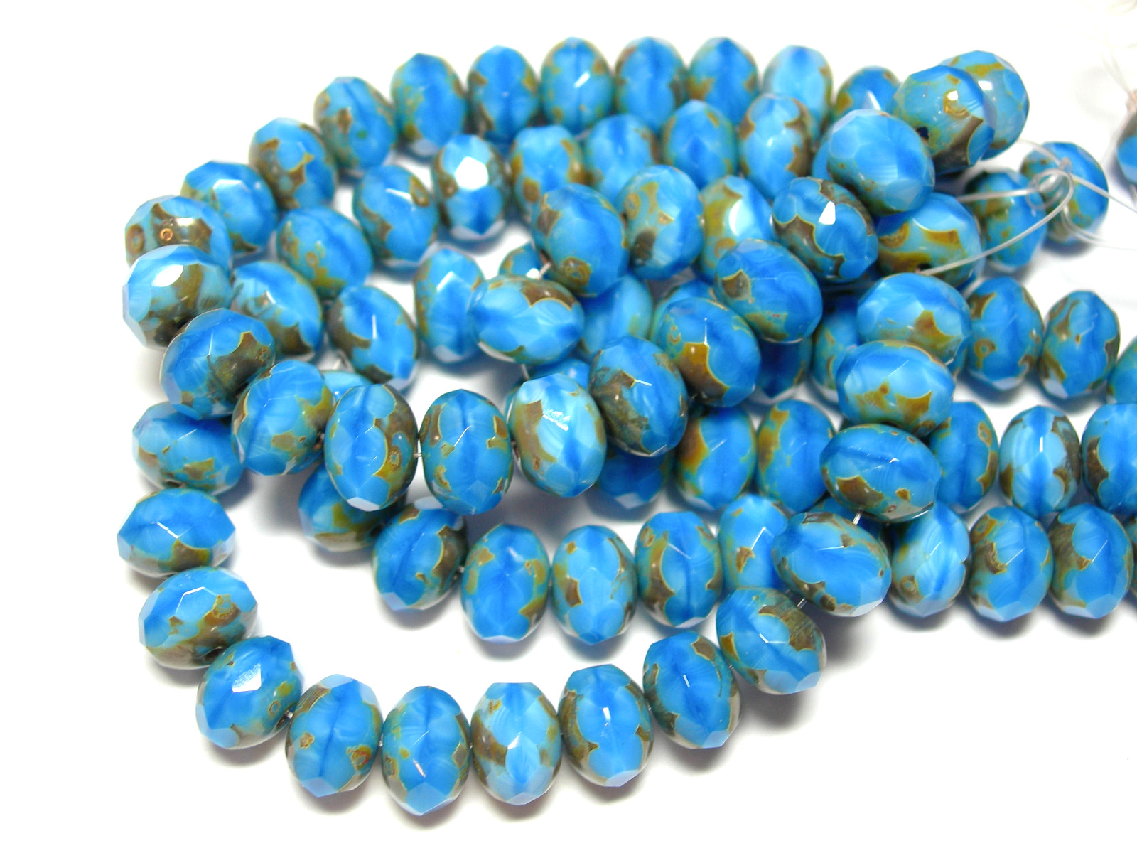 25 8x6mm Powder Blue Czech Glass Picasso Rondelle beads