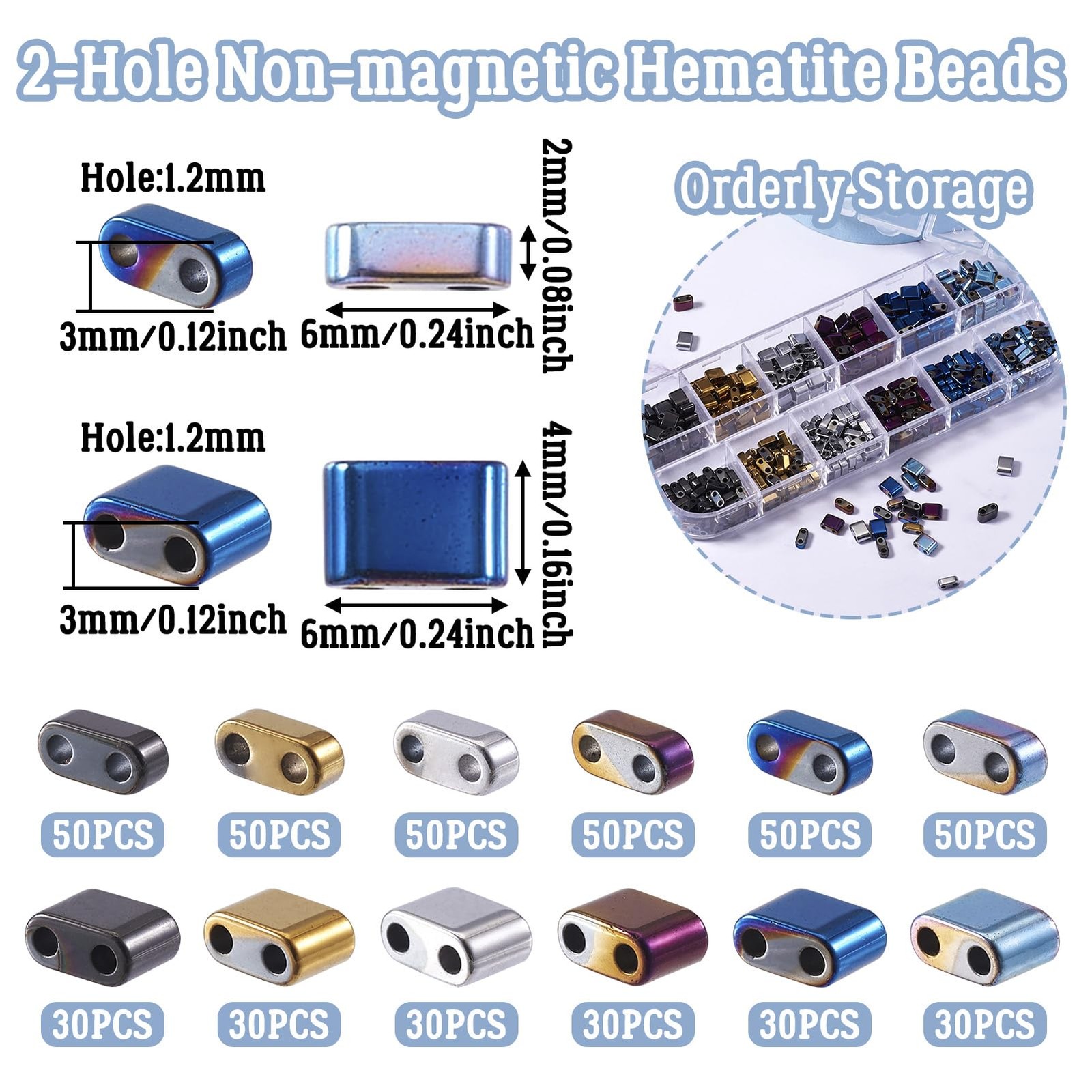 480Pcs Tila Beads Metallic 2-Hole Seed Beads Rectangle Hematite Mixed Half