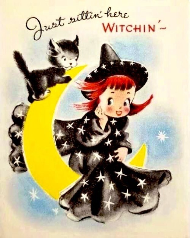 Set of TWO 5×7 Retro Vintage Halloween Witch & Black Cat Cotton FABRIC Blocks