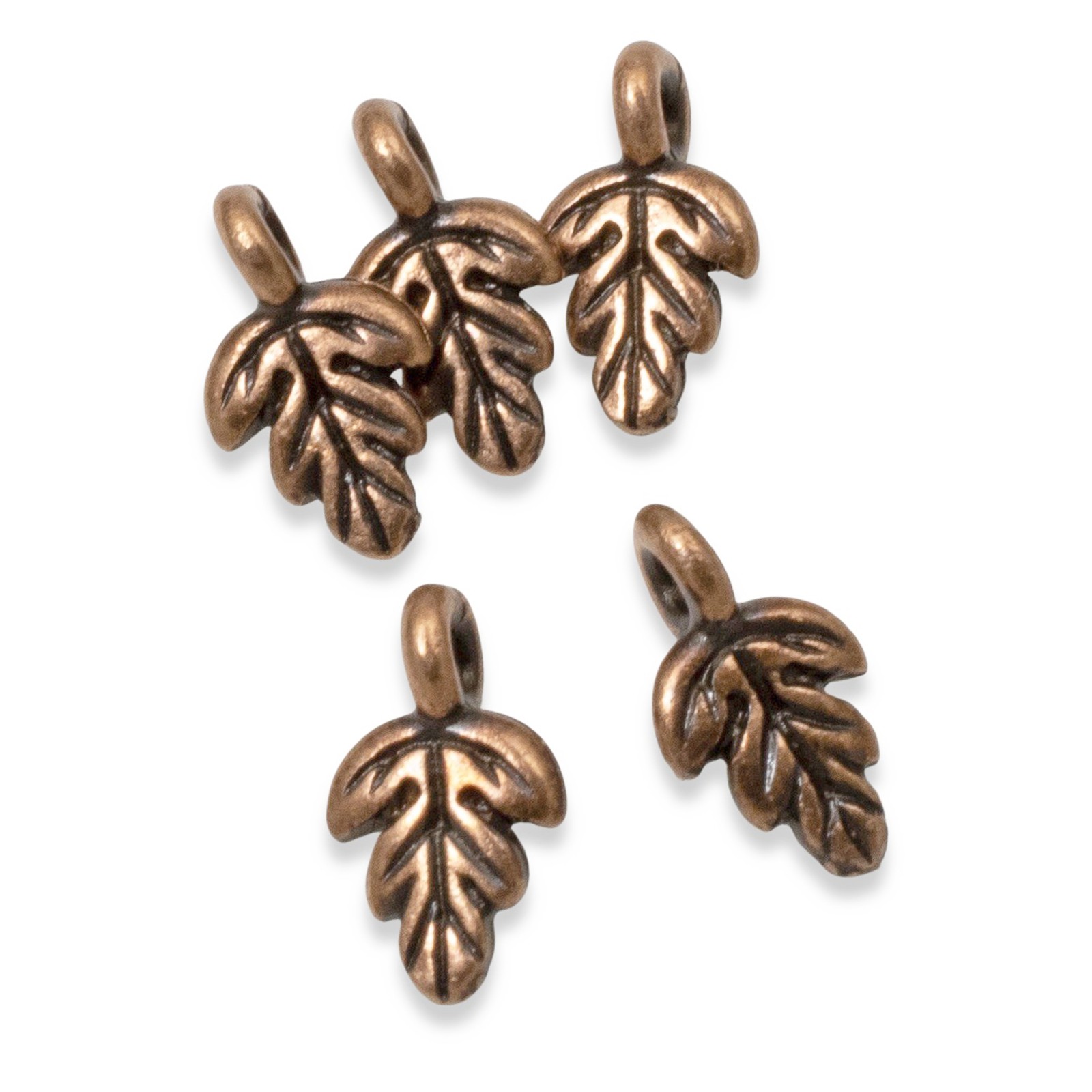 5 Petite Antique Copper Oak Leaf Charms – Detailed & Large Hole for Cord