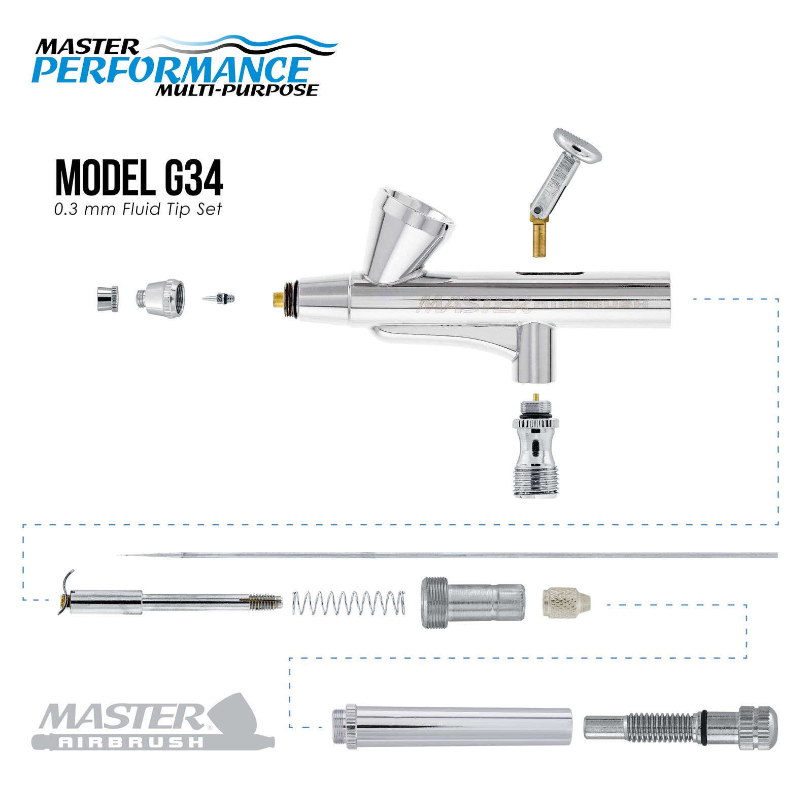 Master G34 Airbrush Air Compressor Kit, Gravity Feed 0.3mm Tip, 1/16oz Fluid Cup