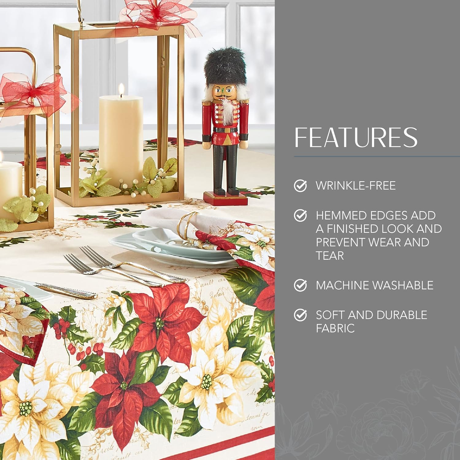 Home Fashions Red and White Poinsettia Holiday Fabric Wrinkle Resistant Tableclo