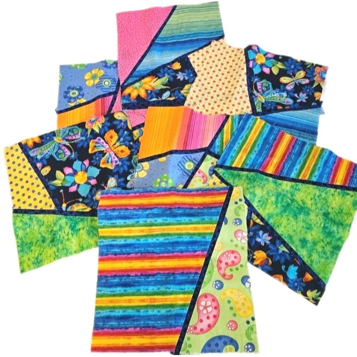 65 VTG Modern Improv Abstract Cotton Quilt Blocks & Pieces Bright Colors 11×11