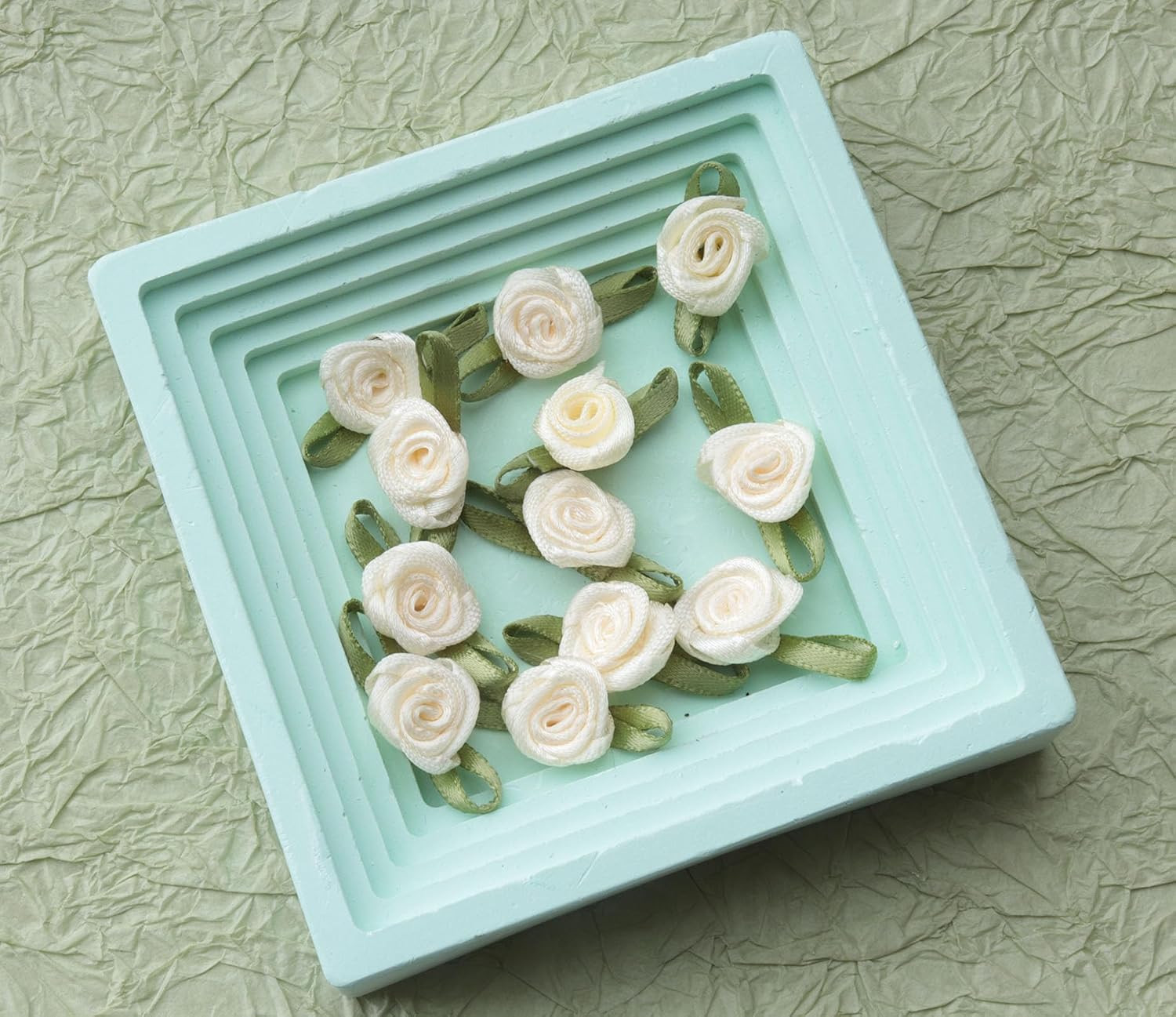 50 Pcs Satin Roses with Green Leaves Mini Cute Ribbon Bows Fabric Artificial Flo