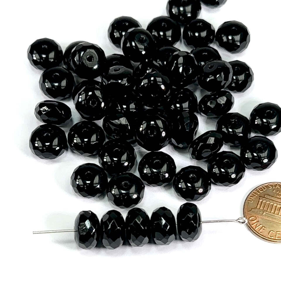 Czech Faceted Glass Doughnut FP Rondelle Spacer Beads 11mm Jet Black 12pcs J495