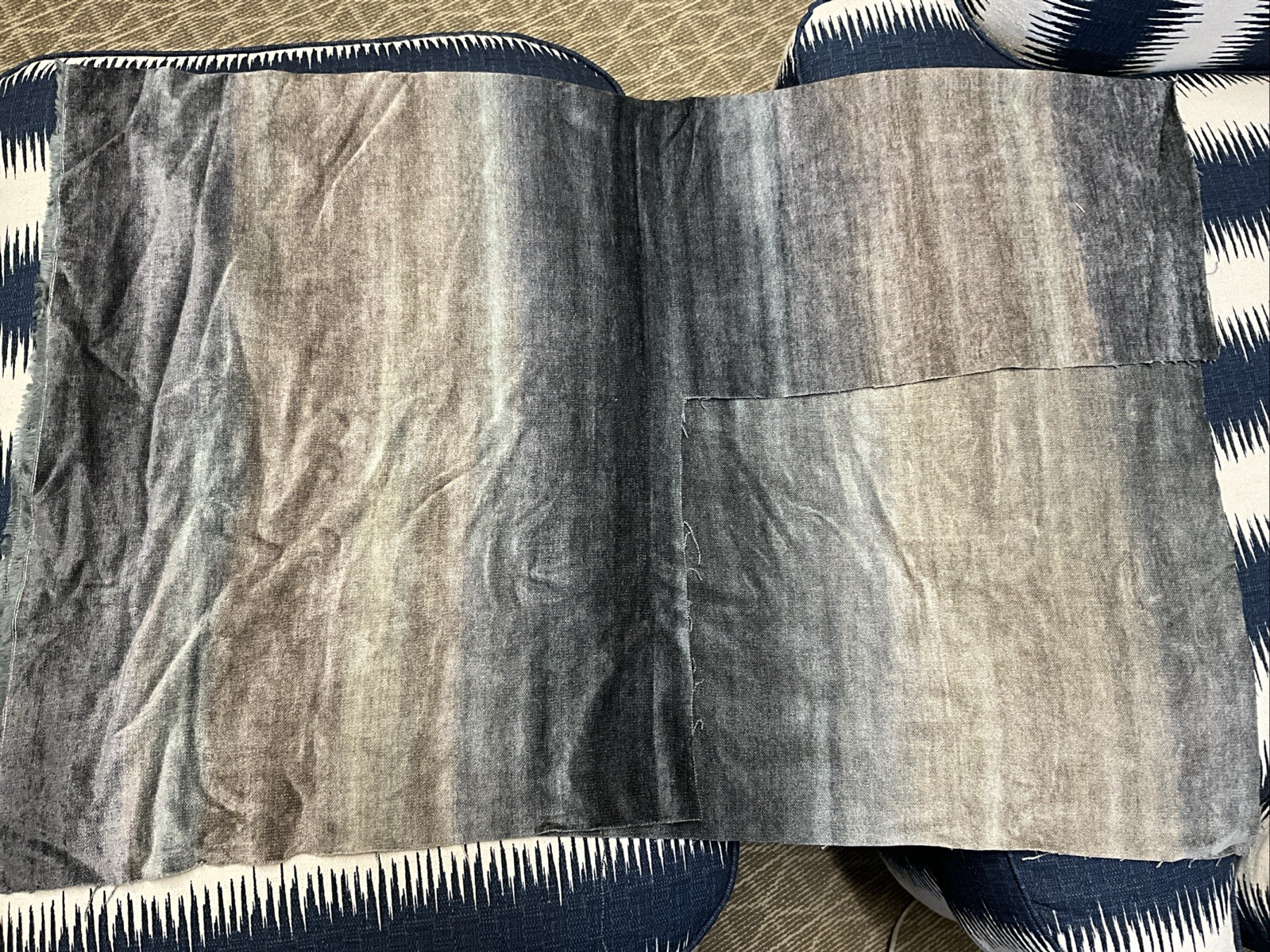 Remnant Fabric Soft Chenille Feel With Blues Grays & Browns Less Than 1 Yd