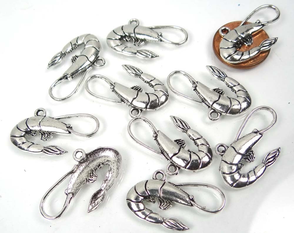 10 Antique Silver Pewter Shrimp Charm Connector Link 16x28mm