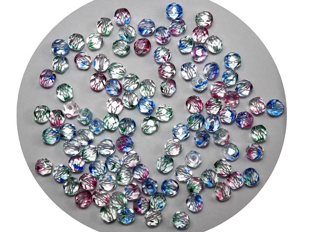 Crystal Multi Stripe, 4-tone Czech Fire P. Round Faceted Glass Beads 4mm 6mm 7mm