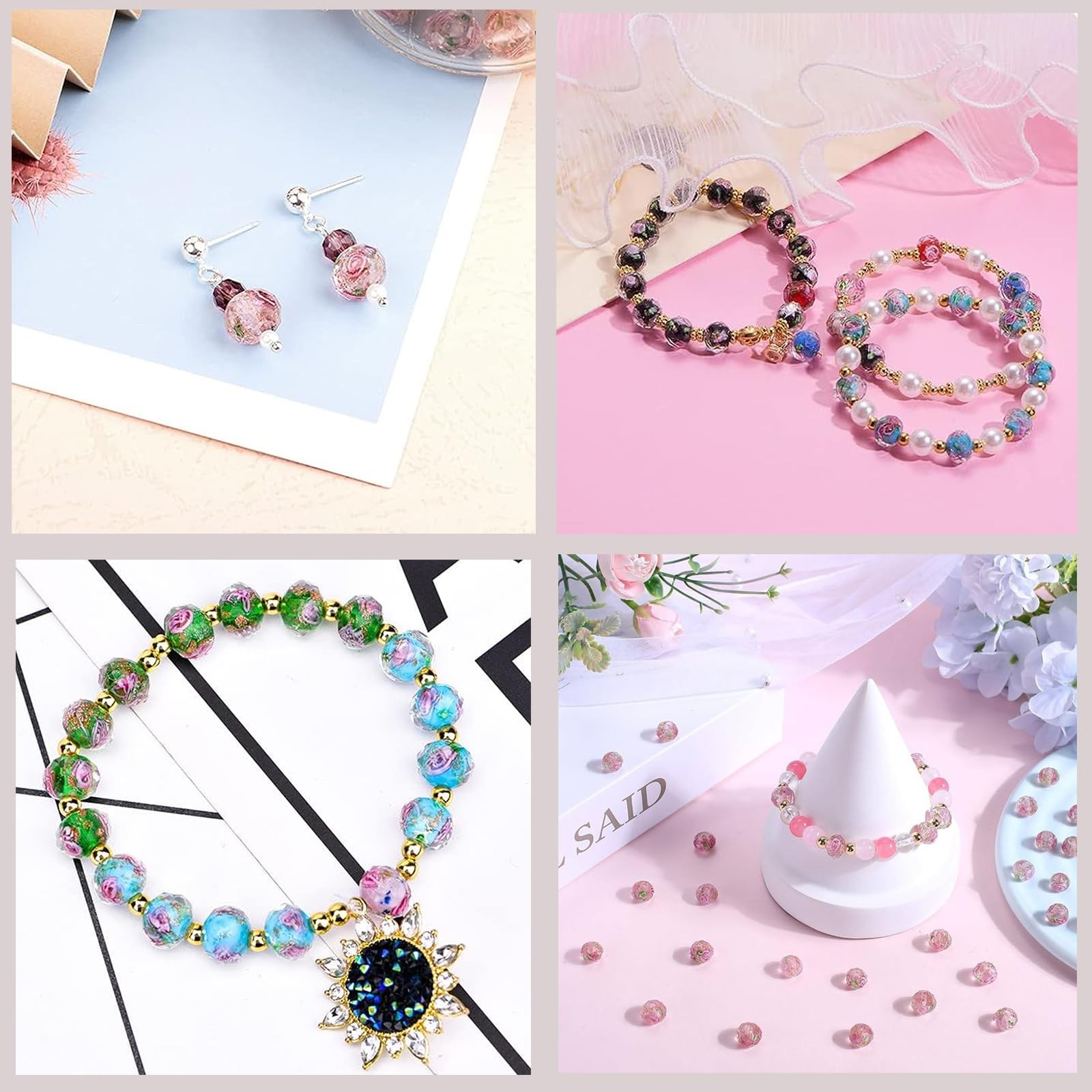 50pcs 8~10mm Rose Lampwork Bead with Blue Spots, Handmade Faceted Pink Murano…