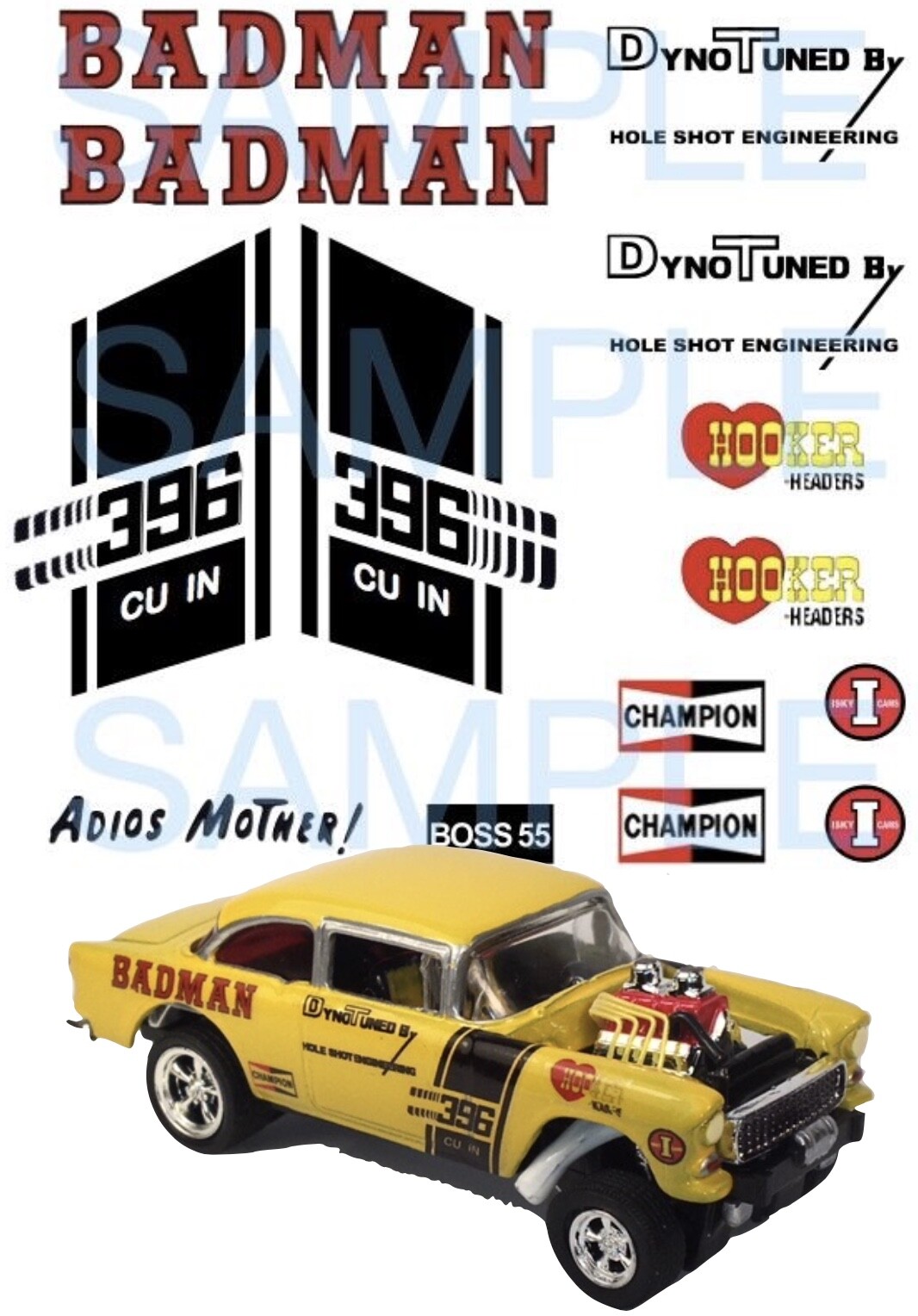 55 Chevy Gasser Badman Water Slide Decals 1:64, 1:43, 1:32, 1:24 or 1:18 scale