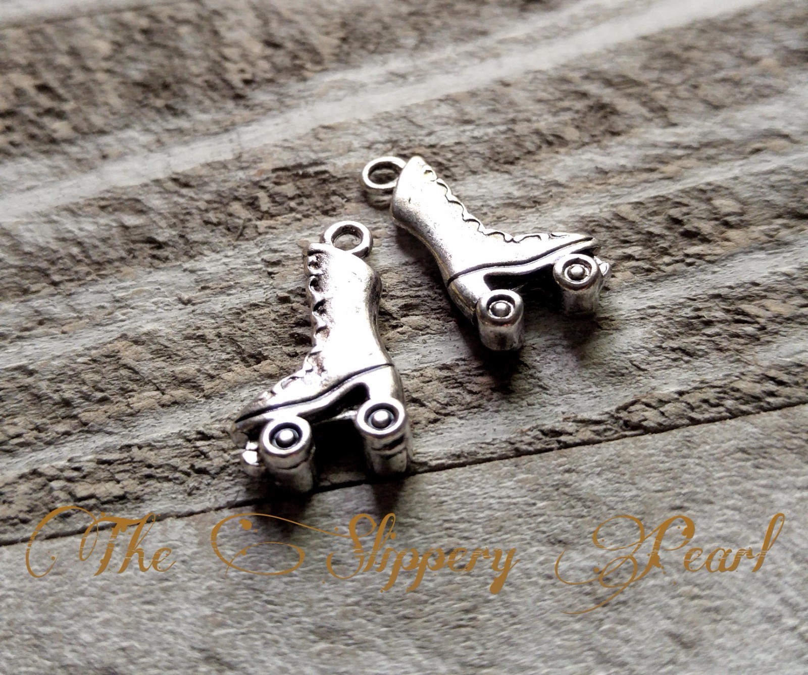 4 Roller Skate Charms Skate Pendants Antiqued Silver Roller Derby 2 Sided Charm