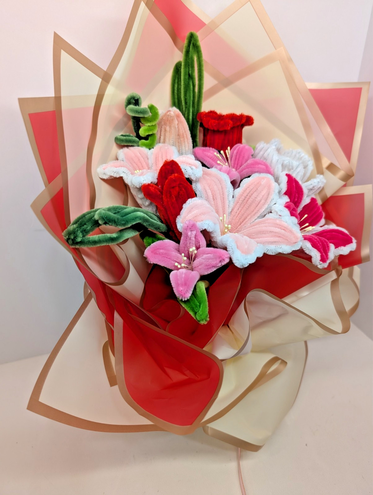 Handmade Lily pipe cleaner Flower Bundle Bouquet, Red, Pink and White Color