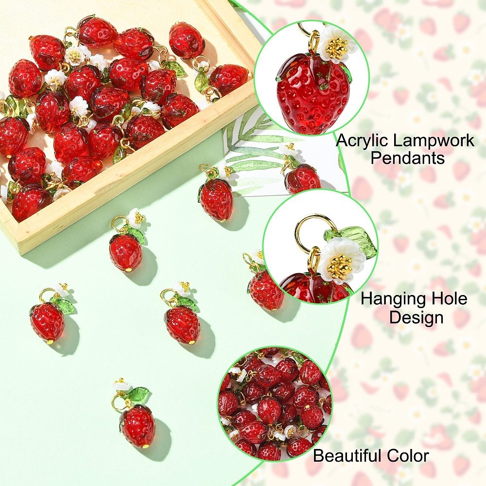 30Pcs Acrylic Lampwork Pendants, Red Strawberry Cute Charms for DIY Crafts