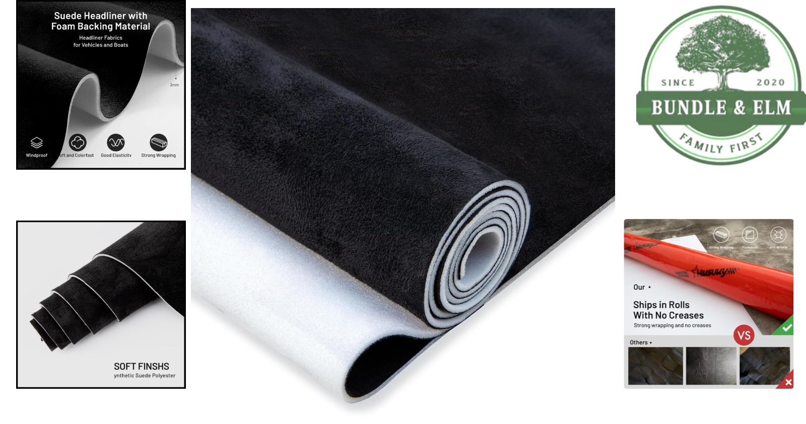 “Black Suede Headliner Material with Foam Backing for Vehicle Roof Replacement”,
