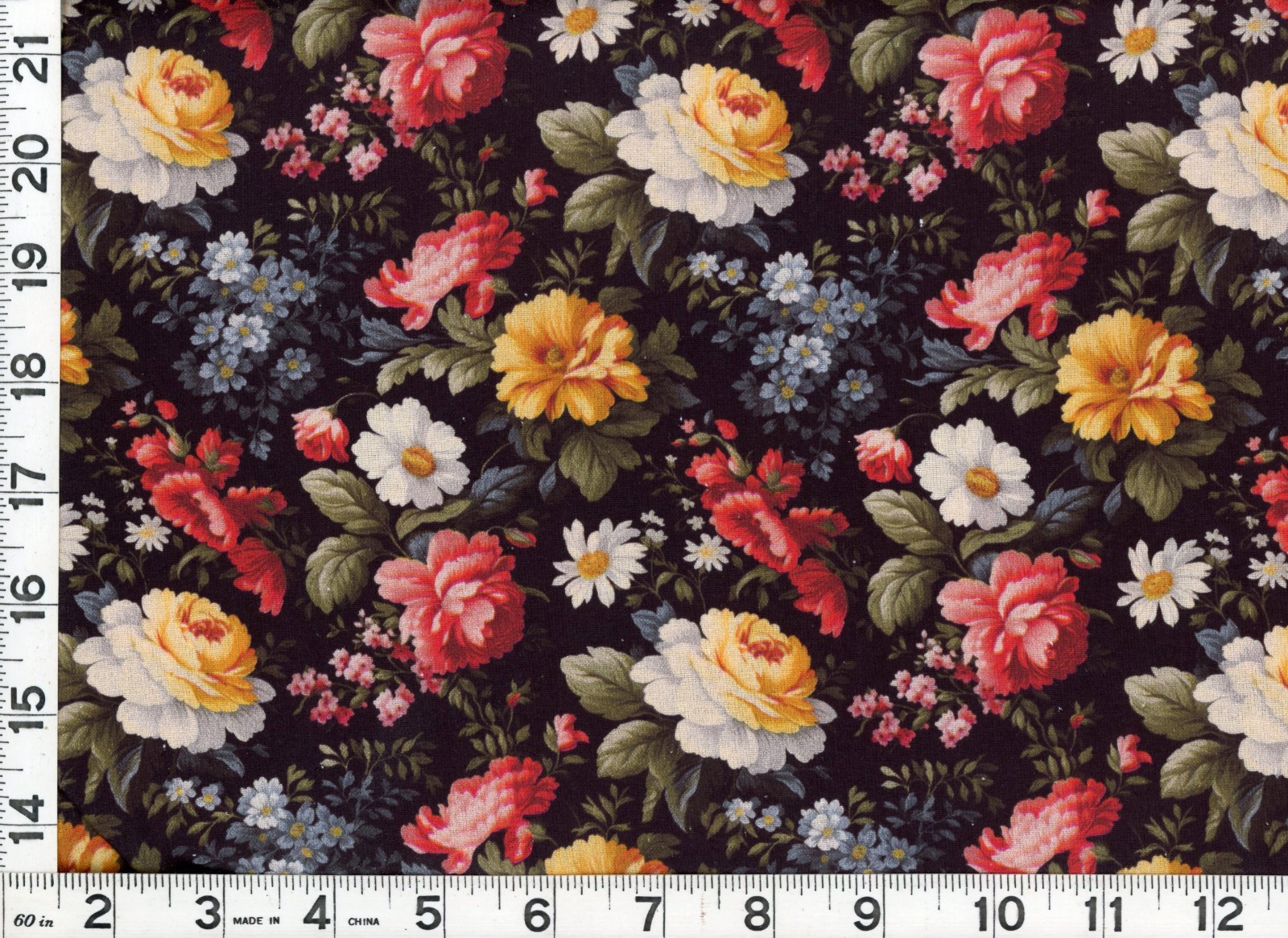 Red White & Yellow Roses w/ Flowers Black Quilting Sewing Fabric by Yard #1144