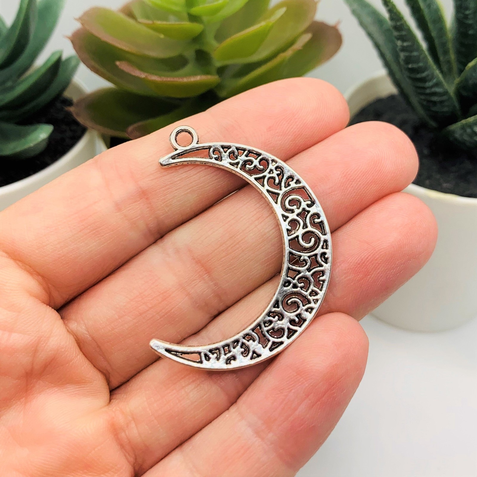 Antique Silver Crescent Scroll Moon Charms, 40x29mm – US Seller