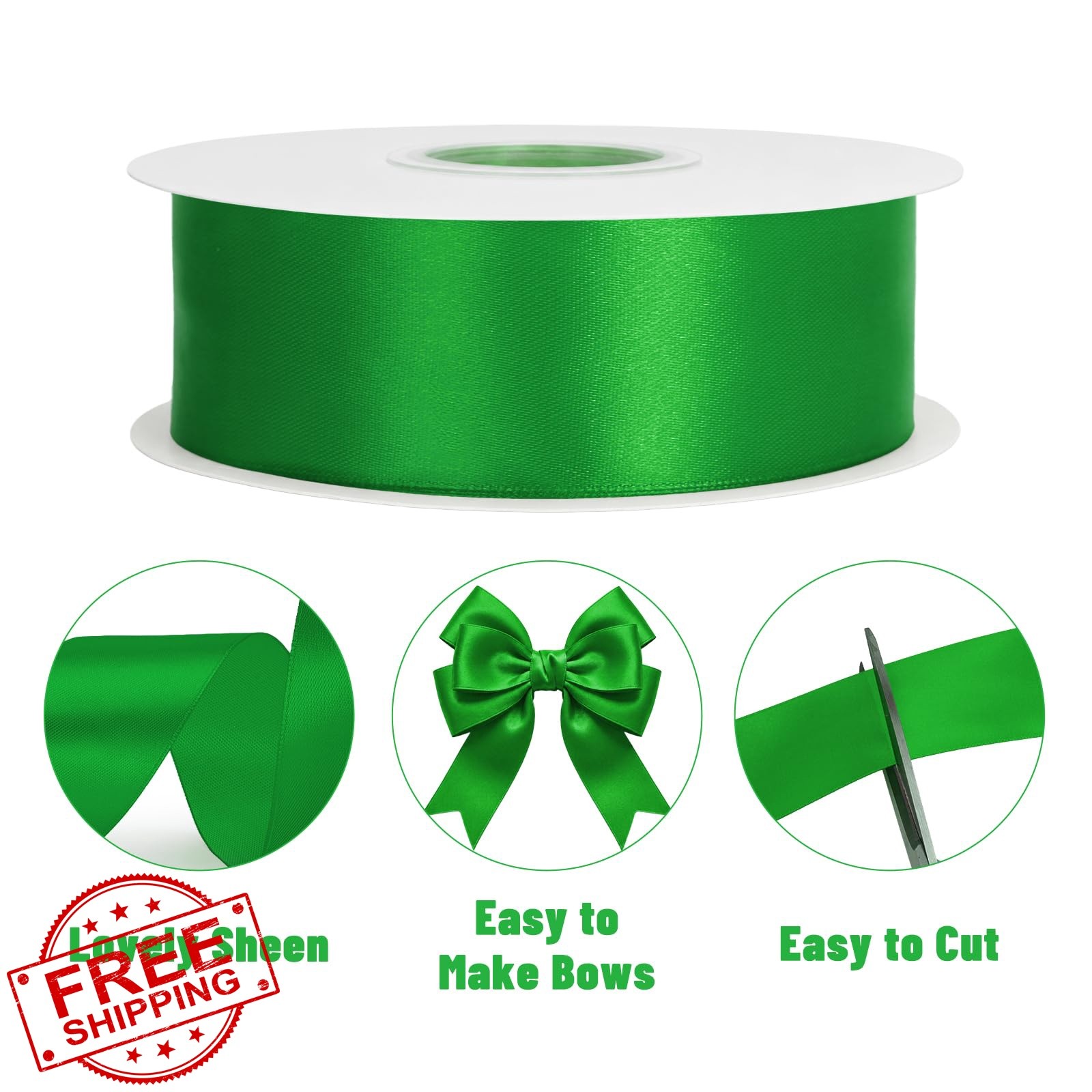 KINGLAKE Kelly Green Satin Ribbon 1.5 Inch 100 Yards
