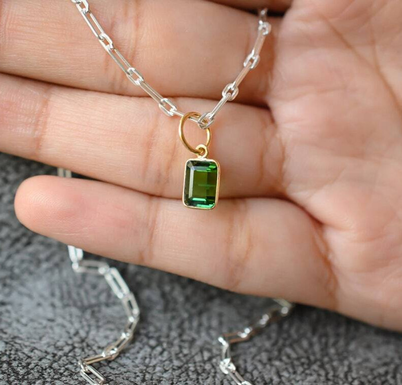 Green Tourmaline 18k Solid Gold Step Cut Charm Pendant Necklace Handmade Pendent