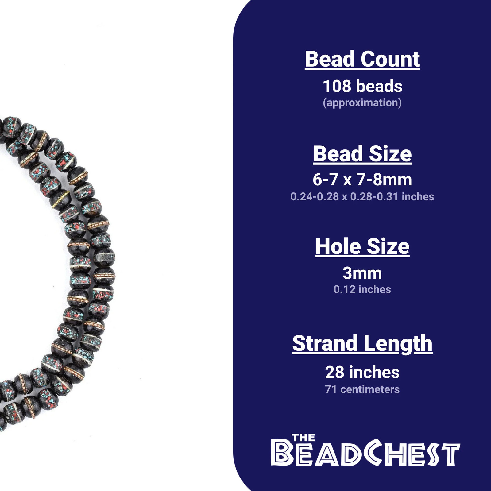 Black Speckled Inlaid Yak Bone Mala Beads 8mm Nepal Multicolor Round Large Hole