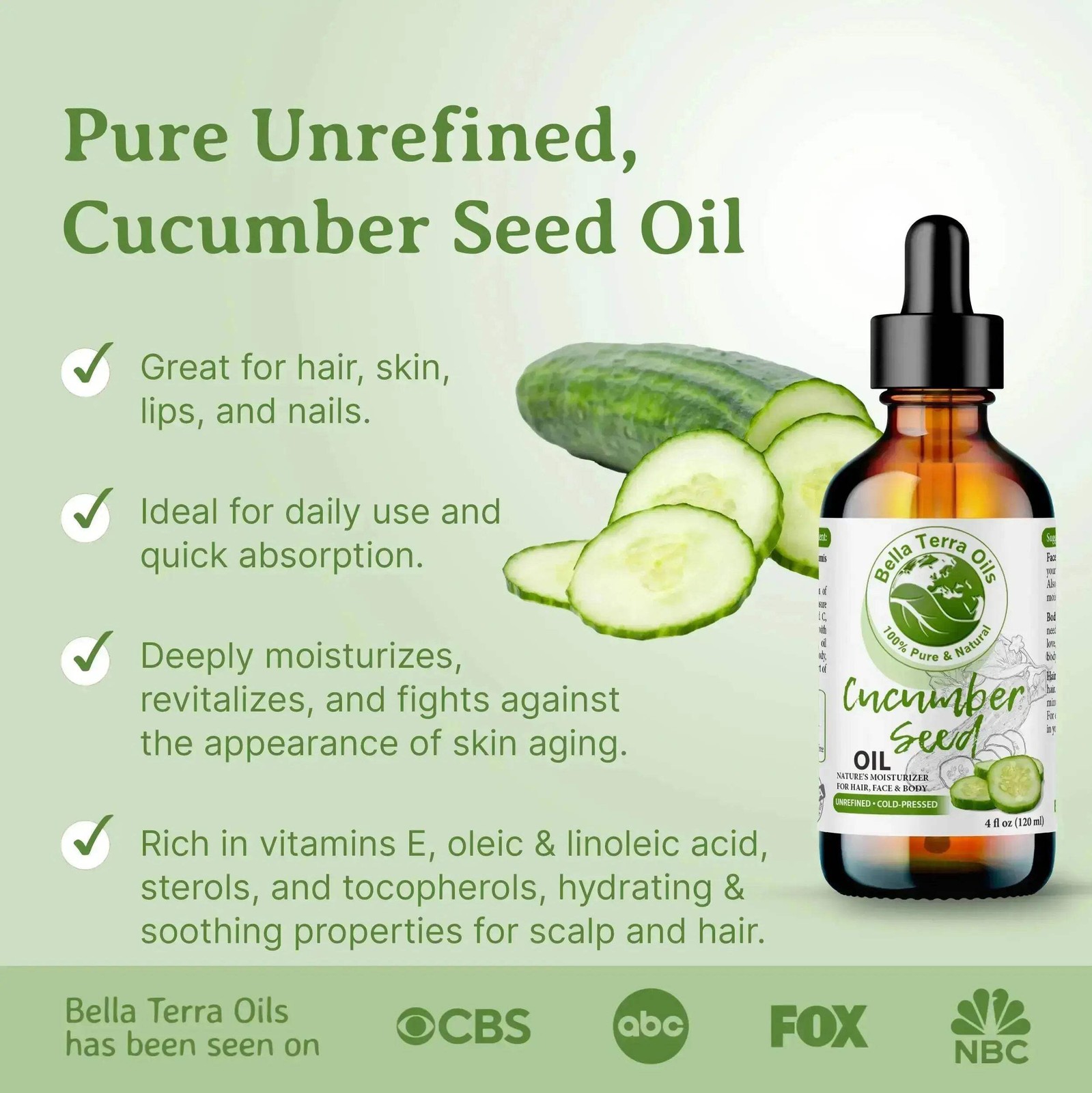 Cucumber Seed Oil – 4oz | Cold-Pressed Oil for Skincare, Haircare & DIY Projects