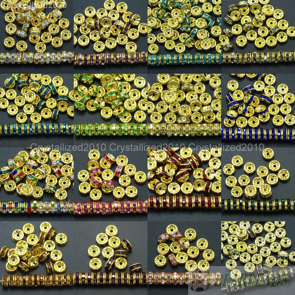 200Pcs Czech Crystal Rhinestones Gold Rondelle Spacer Beads 4mm 5mm 6mm 8mm 10mm
