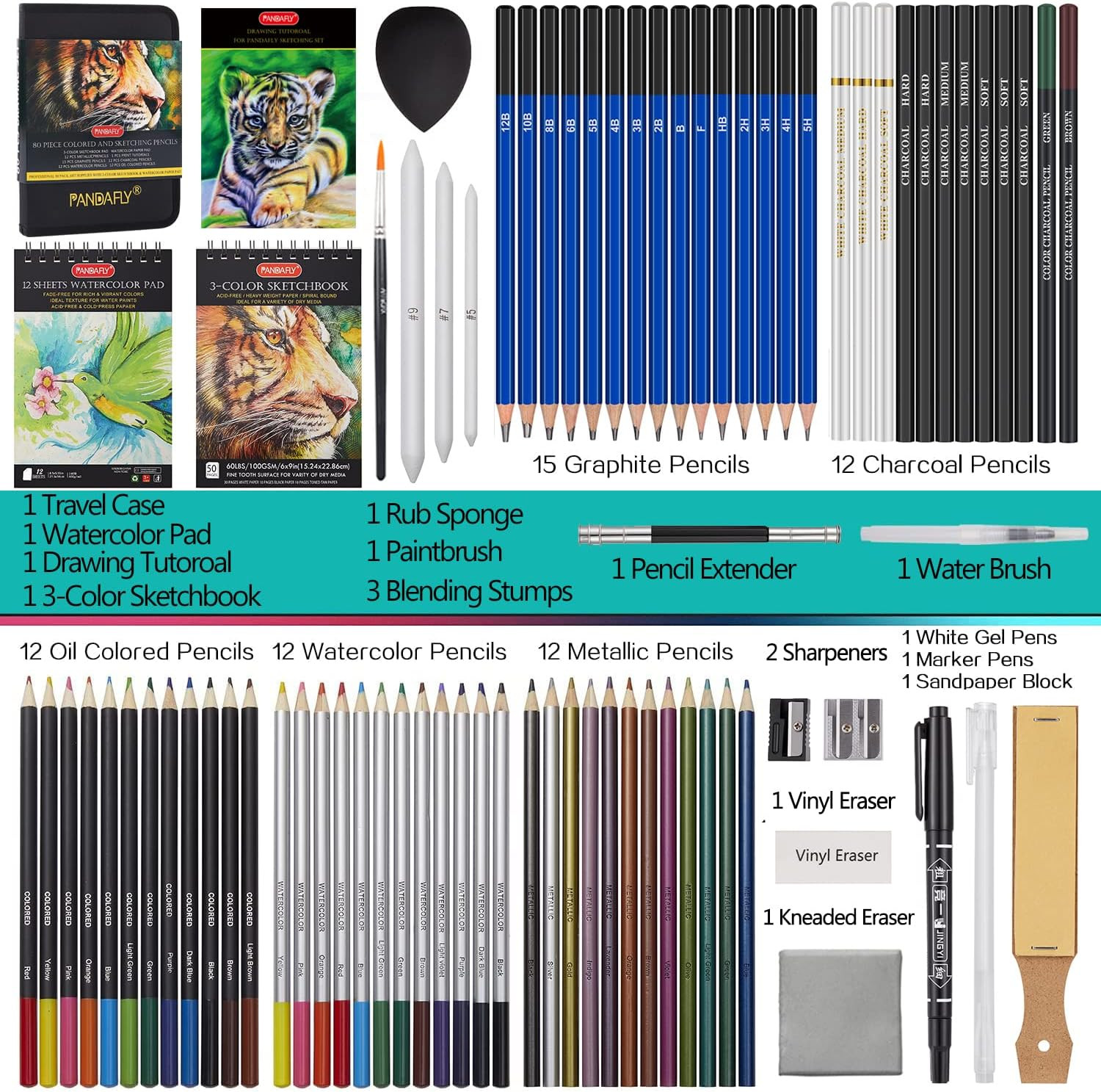 PANDAFLY 80 Drawing Set Sketching Kit, Art Supplies with 3-Color Sketchbook | Wa