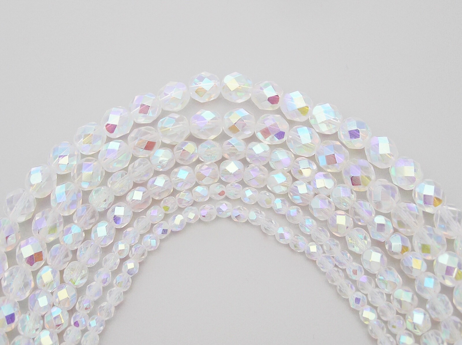 Czech Fire Polished Round Faceted Glass Beads, Crystal AB2X full Aurora Borealis