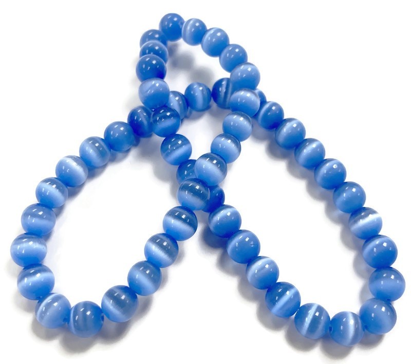 50 Cat’s Eye Fiber Optic Glass Muted Light Sapphire 8mm. Smooth Round Beads 2576