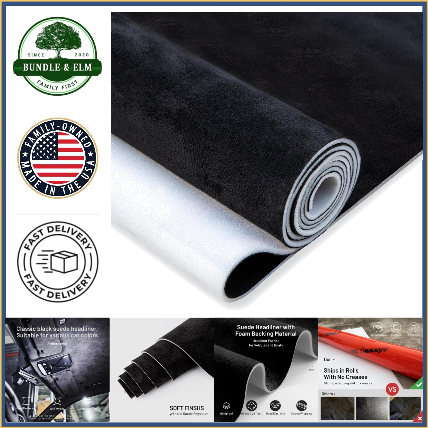 “Black Suede Headliner Material with Foam Backing for Vehicle Roof Replacement”,
