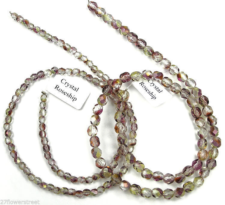 Czech Fire Polished Round Faceted Beads in Crystal Rosehip coated, 16″ strand